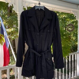 J Crew black trench-coat  lightweight winter coat, thigh/car coat length.